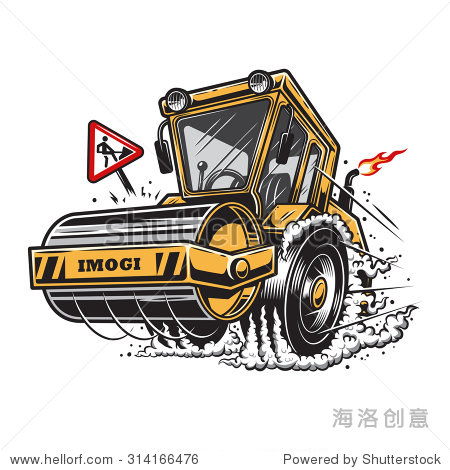 vector illustration of steamroller with smoke under the wheels
