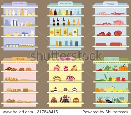 shop, supermarket interior shelf with meat, dairy