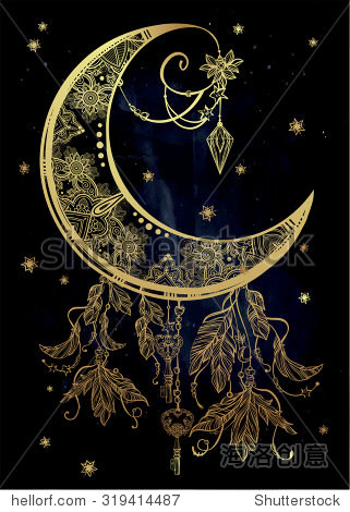 intricate hand drawn ornate crescent moon with feathers