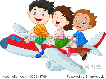 cartoon little kids riding airplane isolated on white background