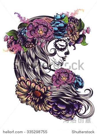 illustration with sugar skull girl in decorative flower wreath