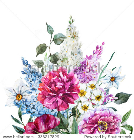 watercolor floral design, vintage greeting, floral bouquet