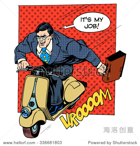 businessman rushing to work on a scooter retro