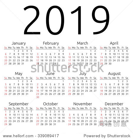 Simple 2019 year calendar week starts on Sun