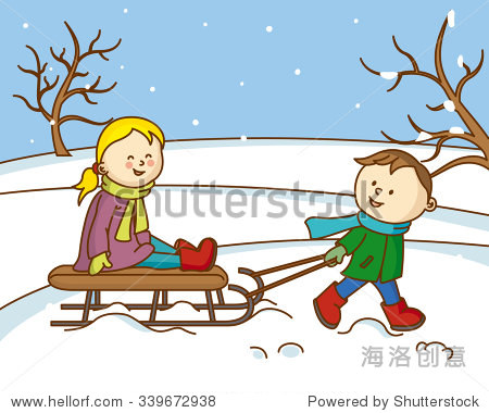 children playing with a sled in the snow