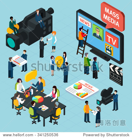 mass media isometric design concept set with journalists