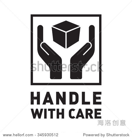 handle with care sign in a black square.