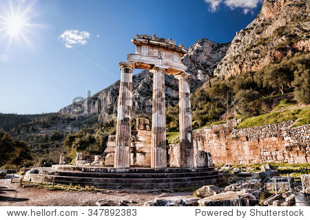 delphi with ruins of the temple in greece