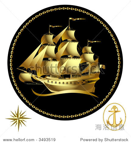 raster version of vector gold sailing ship with a wind rose and