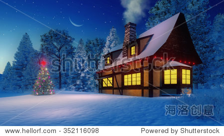 cozy rustic house with smoking chimney and icicles on the eaves
