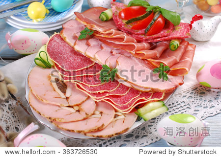 catering platter of sliced cured meat,ham and salami with