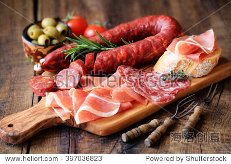 cured meat platter of traditional spanish tapas - chorizo