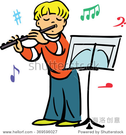 handdrawnvectorillustrationboyplayingthefluteandlookingatnotes