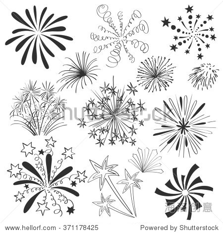 hand drawn colorful fireworks set on white background - 站酷海洛