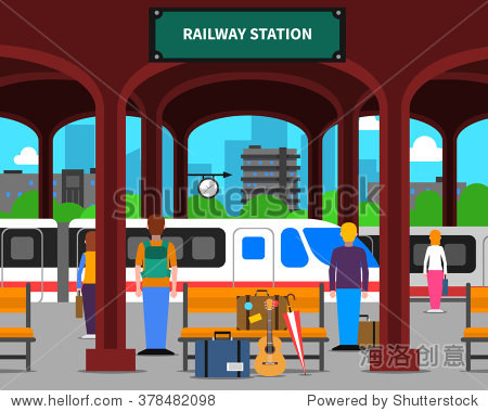 railway station with locomotive and passengers on platform flat