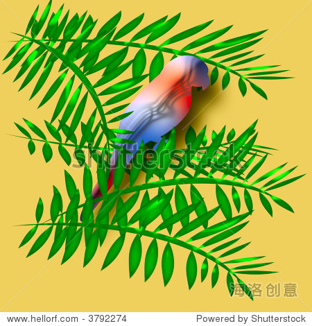 parrot sitting in green palm fronds gold background