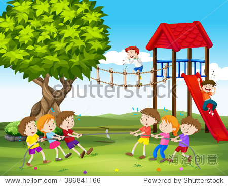 children playing tug of war in the playground illustration