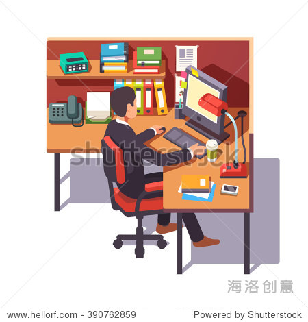 clerk doing his job sitting on chair at the office cubicle desk