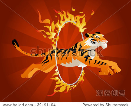 tiger jumping through a hoop of fire.