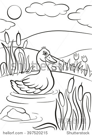 it`s smiling. there are reeds, grass and flowers around.