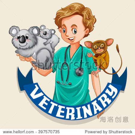 vet and wild animals with sign illustration