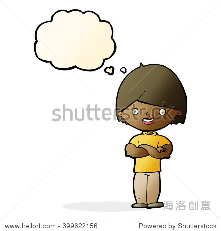 cartoon man with crossed arms with thought bubble - 图片素材