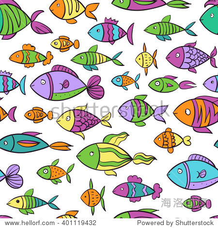 hand drawn colorful seamless pattern with fishes