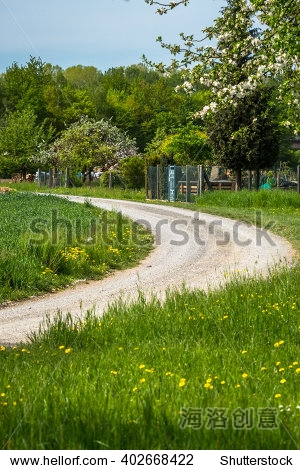 curving gravel path going through empty grassy park area near