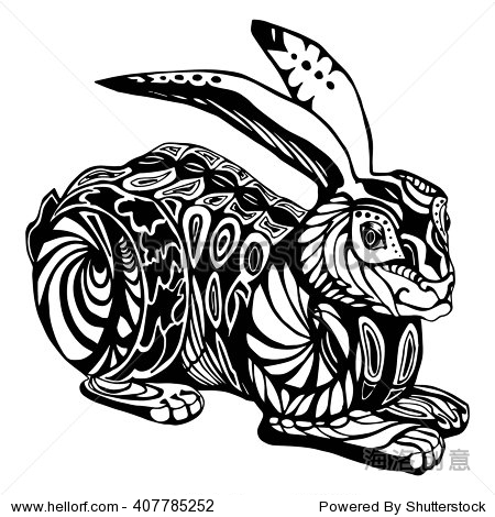 rabbit black and white drawing with patterns and ornaments.