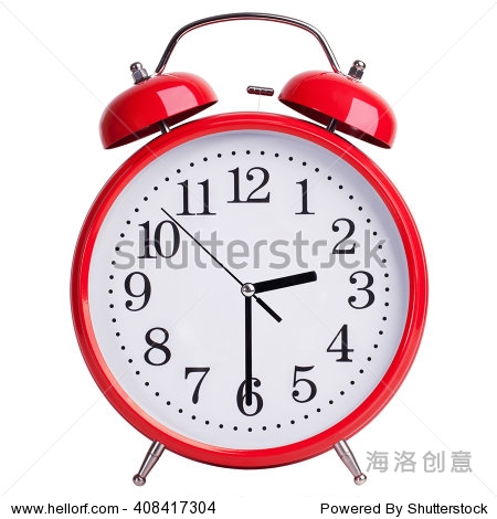 red round alarm clock shows half past two