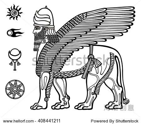 shedu亚述神话神的形象:一个带翅膀的狮子的头的人.苏美尔神话的人物.