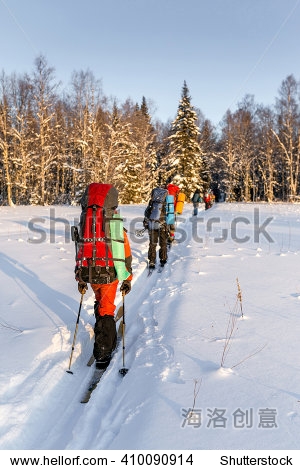 Cross country skiers in winter snow walking with backpacks in nature