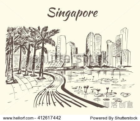 新加坡海岸线与大型建筑和莲花