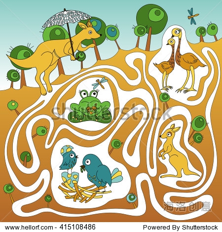 the picture shows kangaroo  frog  owls  birds in the nest.