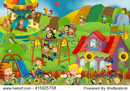 cartoon scene of kids playing in the funfair - matching game