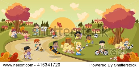 colorful park in the city with cartoon children playing.