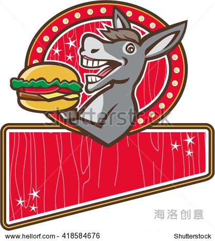 of a donkey ass mule or horse mascot serving up a hamburger