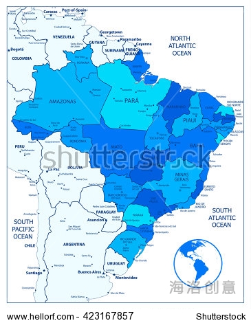 administrative divisions blue map of brazil.