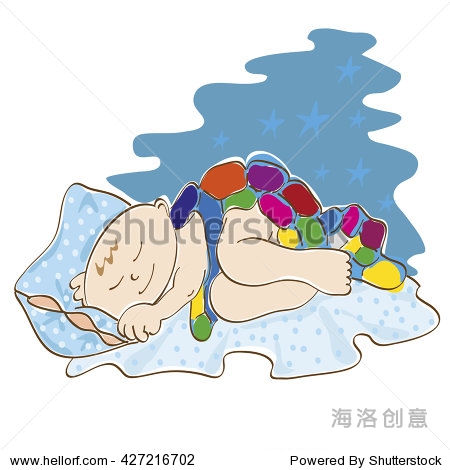 cute little baby is sleeping on a bed under a blanket of color