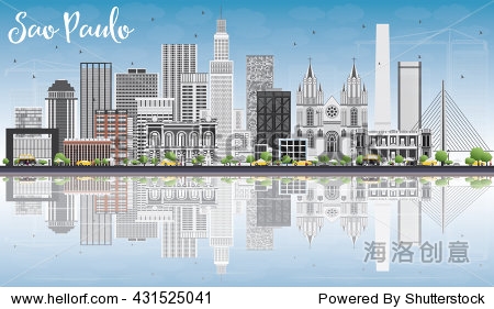 Sao Paulo Skyline with Gray Buildings Blue Sky and Reflections. Business Travel and Tourism Concept with Modern Buildings. Image for Presentation Banner Placard and Web Site.