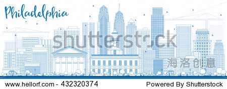 Outline Philadelphia Skyline with Blue Buildings. Vector Illustration. Business Travel and Tourism Concept with Philadelphia City Buildings. Image for Presentation Banner Placard and Web Site.