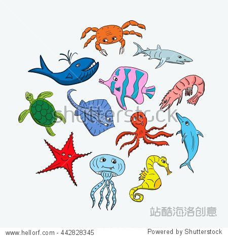 cute hand drawn cartoon ocean animals on a light background.