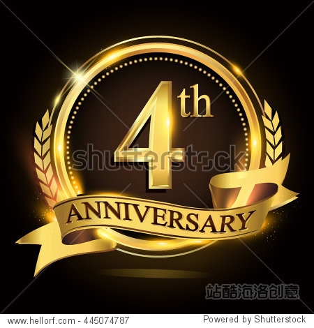 4th golden anniversary logo with ring and ribbon  laurel wreath vector design.
