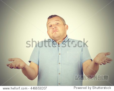 fat man shrugging shoulders i dont know gesture isolated on