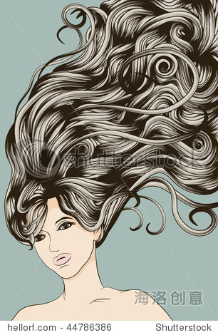 womans face with long detailed flowing hand drawn hair - 站酷