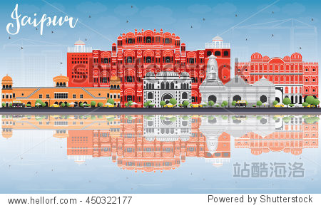 Jaipur Skyline with Color Landmarks Blue Sky and Reflections. Business Travel and Tourism Concept with Historic Buildings. Image for Presentation Banner Placard and Web Site.