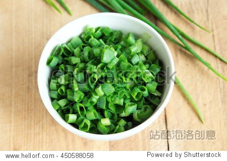 chopped chives in white bowl, organic green ingredient for