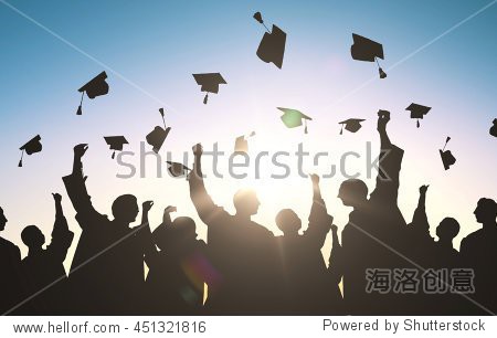 education  graduation and people concept - silhouettes of many happy students in gowns throwing mortarboards in air