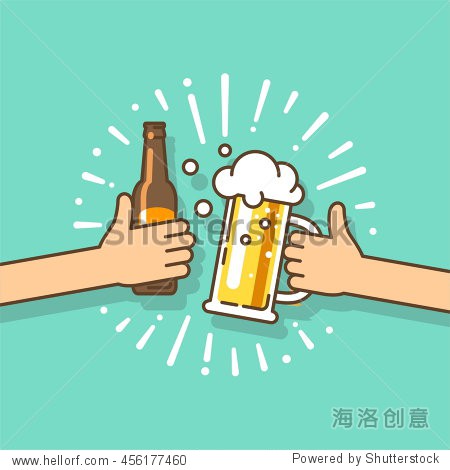 two hands holding the beer bottle and beer glass.