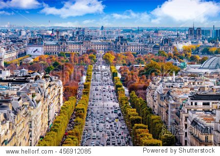 view from arc de triomphe. blue sky with clouds in autumn
